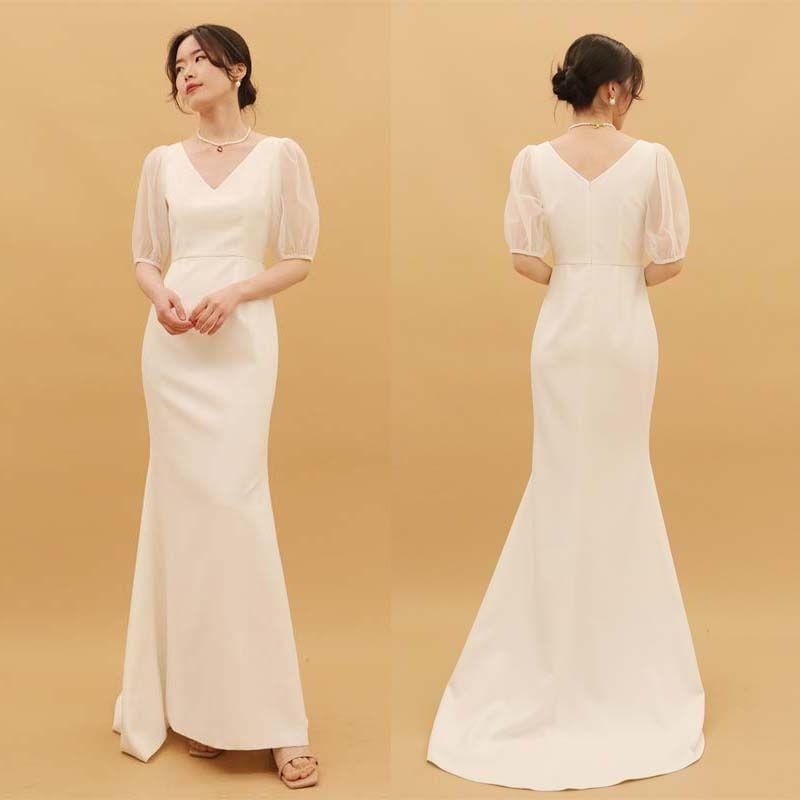 新品 ウェディングドレス 白 パーティー 可愛い 花嫁 ロングドレス 結婚式 トレーンライン 二次会 フォームドレス お呼ばれ 挙式 Vネック 半袖 二次会 袖付きの
