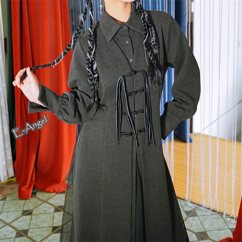 【快速出荷】チャイナ風 ワンピース 厚手 重ね着風 秋 冬 グレー 長袖 ラシャ ロングシャツ 着瘦せ 個性的