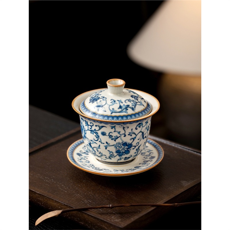 青と白の絡み合ったロータスru Kiln Qingfengカバーボウルシングルハイエンドの家庭用シートkung Fuティーカップsancai Brew Tea Bowl