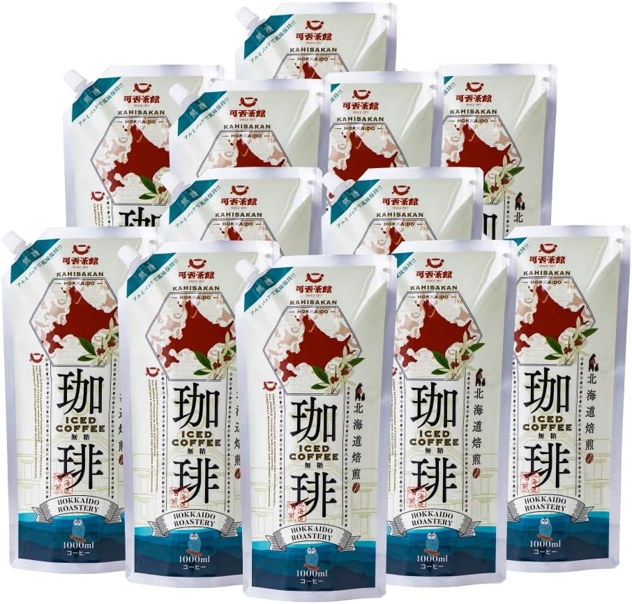 ユニマットキャラバン 可否茶館 アイスコーヒー パウチタイプ 無糖 1L×12袋セット カヒサカン