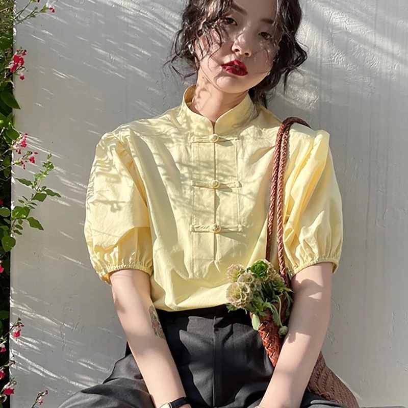 チャイナ風シャツ ブラウス レディース 半袖 綿100% 改良漢服トップス チャイナボタン 黄 薄手
