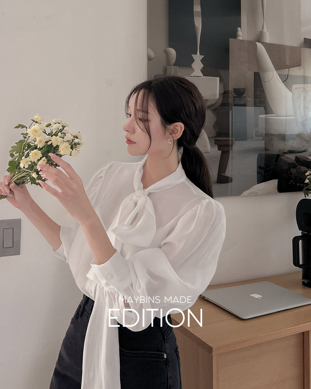 タイネック付きブラウス韓国ファッション レディース