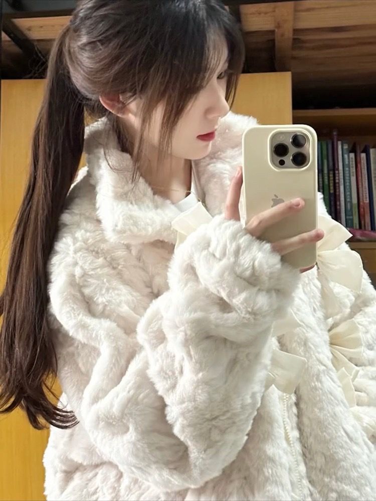 厚手ラムinsミルクフフ蝶刺繍ふわふわラビットファー韓国風ぬいぐるみジャケットレディース綿コート