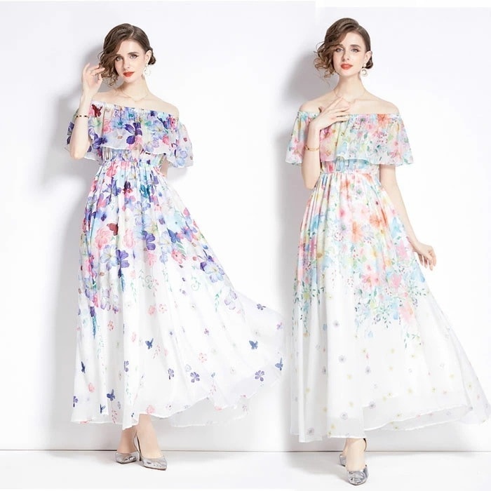 【夏セール！】夏ワンピース フリルワンピース リゾートロング丈 リゾートワンピ オフショルダー 半袖 2Ways ボヘミア風 花柄 シフォン 女性らしさ溢れる 夏ワンピ ビーチ 旅行 海デート リゾー