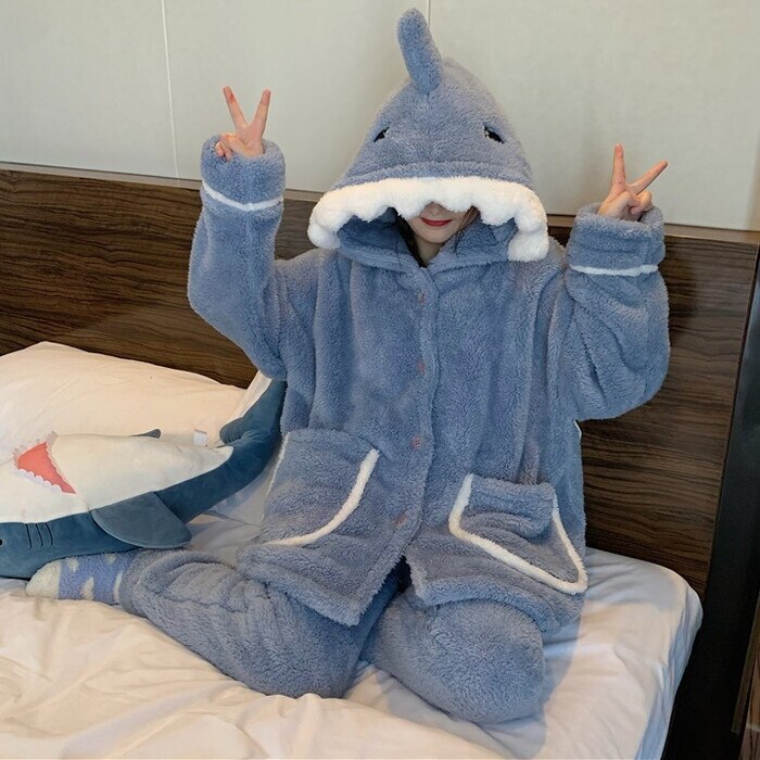 もこもこ モコモコ ルームウェア レディース ホームウェア 部屋着 寝巻き パジャマ 前ボタン 前あき 長袖 フード付き フード サメ さめ アニマル 長ズボン パンツ ウエストゴム