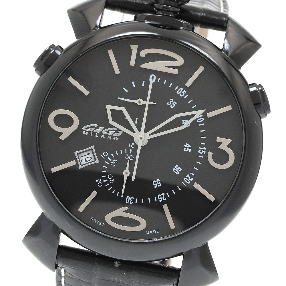 ガガミラノ GaGa MILANO 5099.01BK マヌアーレ シン クロノ 46MM デイト クロノグラフ クォーツ メンズ 美品 保証書付き_944778【中古】