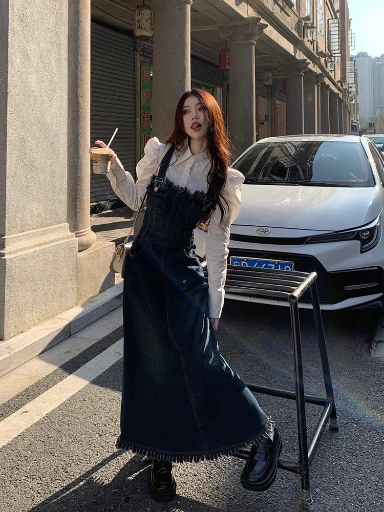 長袖スーツ【二点セット】 ストラップワンピース レンチニッチ ウエスト スリムシック ロングスカート カジュアル 可愛い カジュアルカジュアルきれいめ長袖スーツ