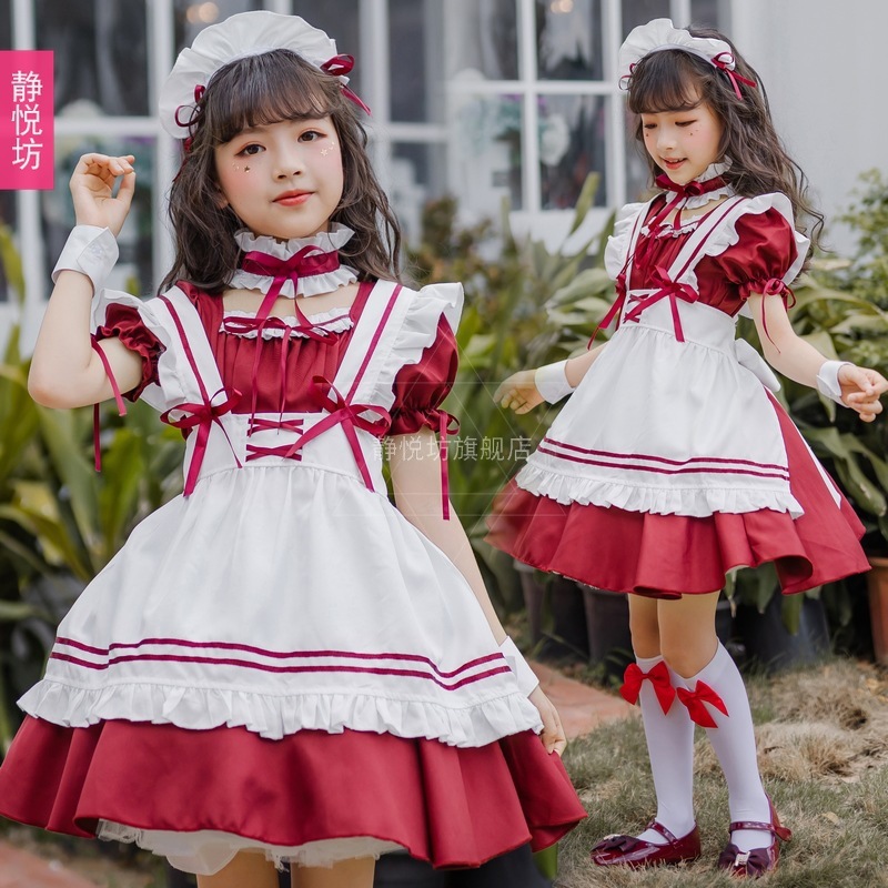 日本の赤い女の子のメイド服子供服ロリータメイドかわいいロリータドレス子供用のふわふわスカートプリンセス