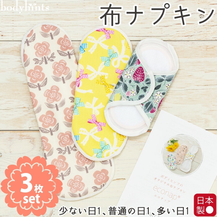 布ナプキン おためし3枚セット 福袋 昼用 夜用 bodyhintsオリジナル エコナップ 少ない日(おりもの用)/普通の日/多い日 各1枚 コットン 綿 お試し セット アソート まとめ買い 生理