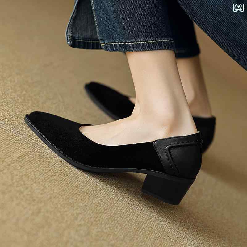 パンプス 革靴 レディース 女性 レトロ シープスキン アプリコット 色 シングル シューズ 尖った つま先 太い ヒール プロ 通勤用 小さい 浅い スプライシング ローファー