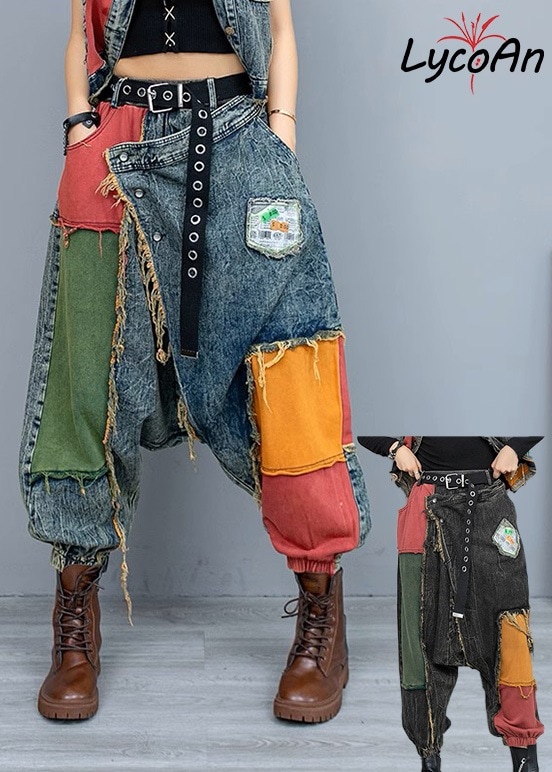 【LycoAn】カラフルステッチデニムパンツ /継ぎはぎ/サルエルパンツ/おしゃれ