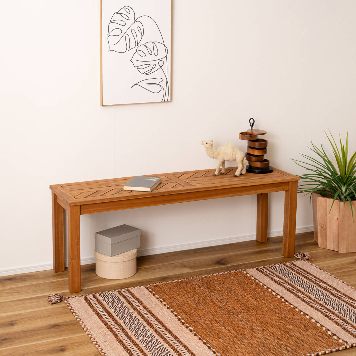 ベンチ 幅130cm ヘリンボーン柄 木製 天然木 アカシア ダイニングベンチ スツール 玄関 リビング 椅子 北欧 ナチュラル ビンテージ調