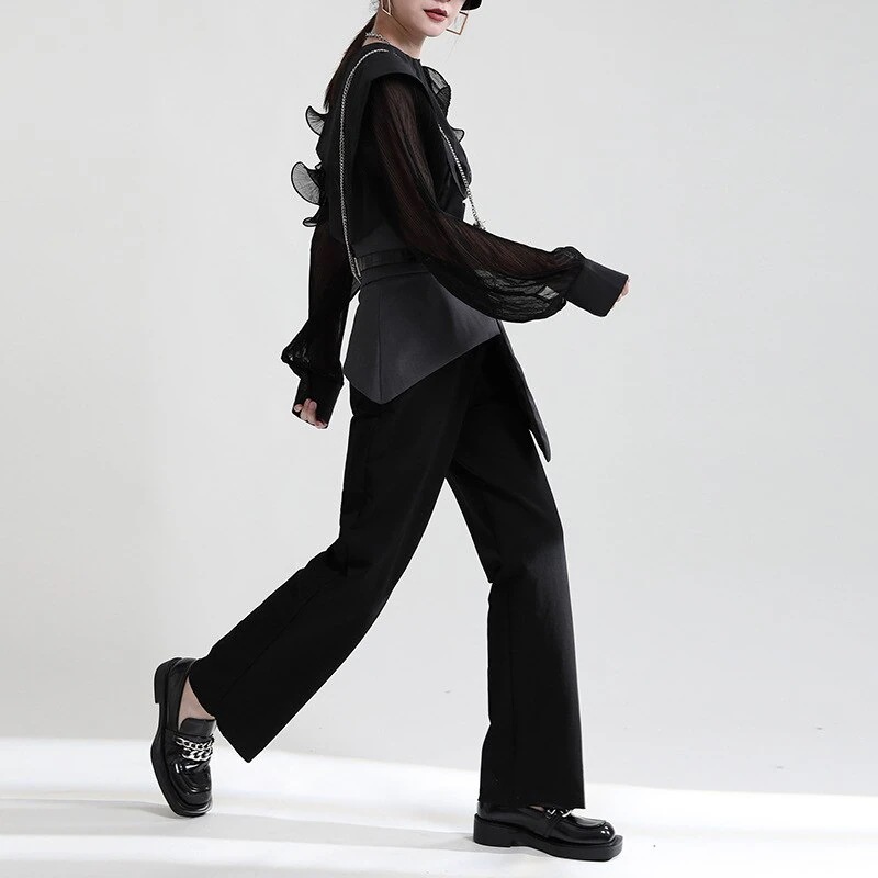 日韓シンプル個性的お洒落不規則ゆとりハイウエスト長パンツ美脚人気スラックスパンツハイウエストパンツ