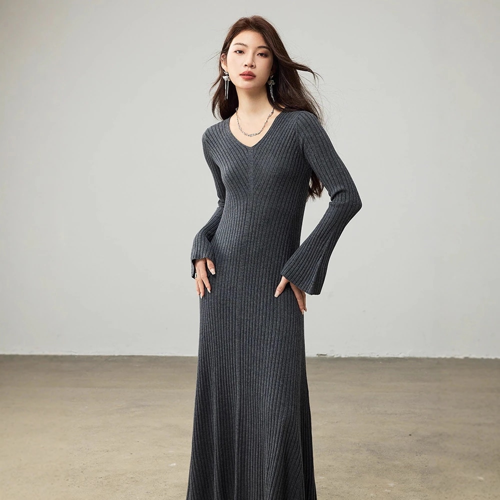 フランスの気質ピットネックウールニットドレスレディースロングスカート2025新作レディースウエスト長袖スカート