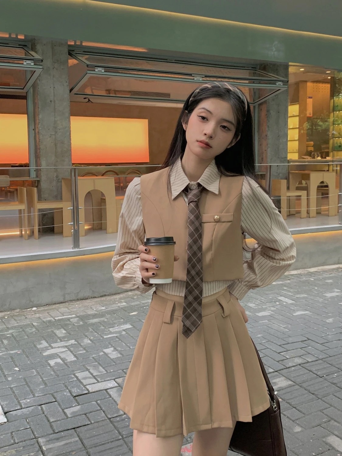 スーツセットアップスーツセットレトロなカレッジ風シャツ+ベスト+プリーツスカートのスリムショート丈4点セット