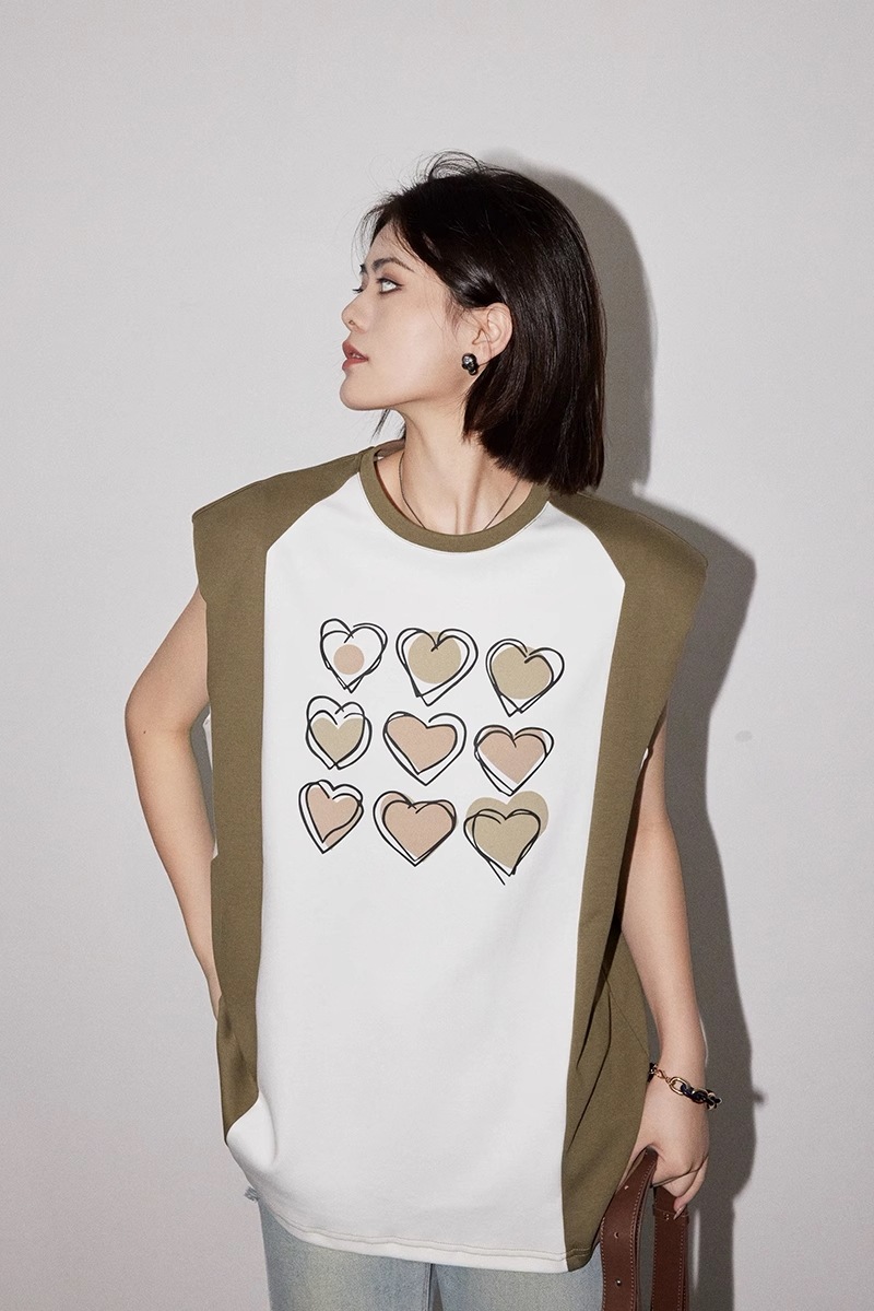 コントラストカラー トップス レディース デザイン センス ニッチ 肩パッド プリント デザイン 夏 ノースリーブ ベスト 個性的 トップス 袖なし ノースリーブ かわいい カジュアル おしゃれ