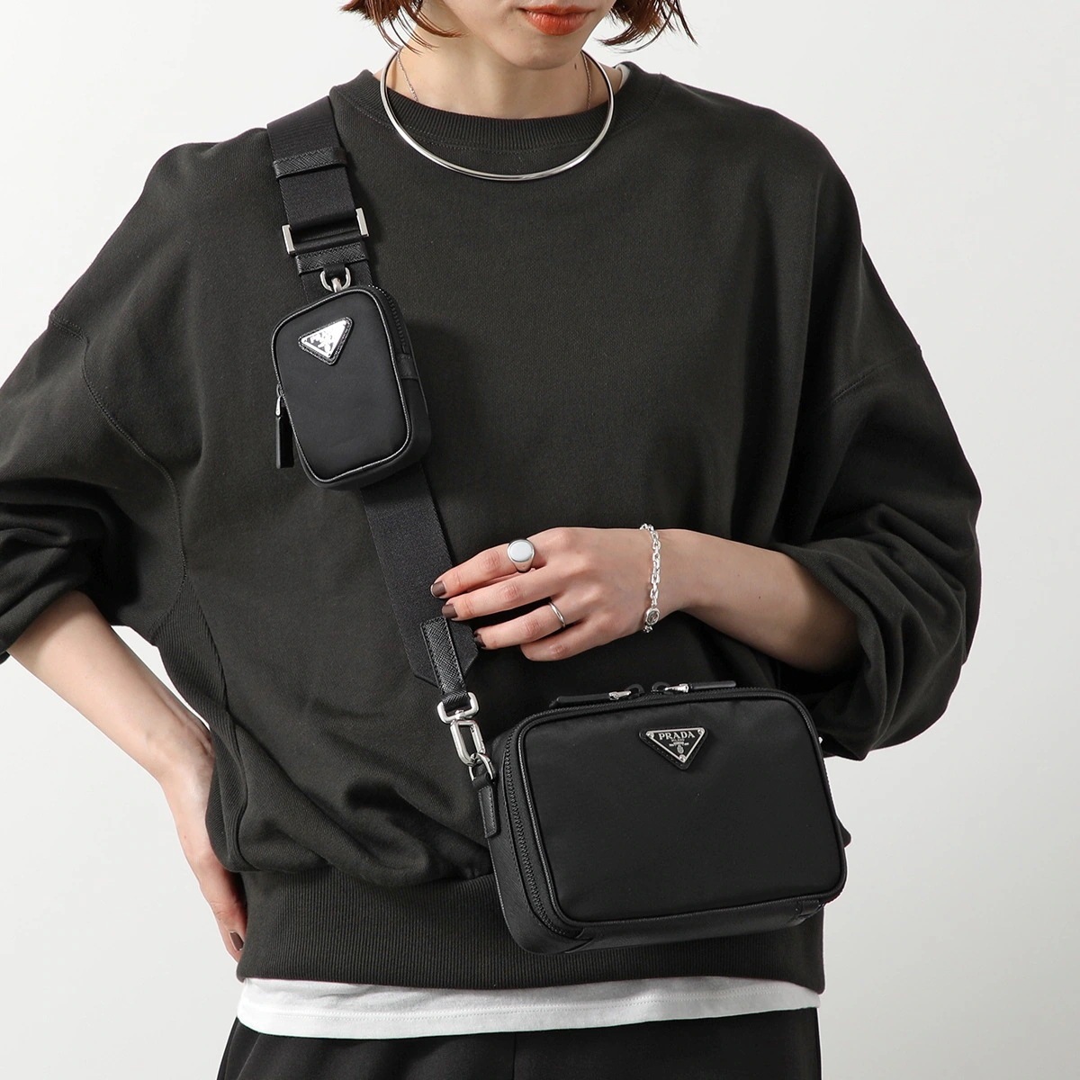 PRADA プラダ ショルダーバッグ ブリック 2VH070 2DMH レディース クロスボディバッグ Re-Nylon サフィアーノレザー ロゴ 鞄 F0002/NERO