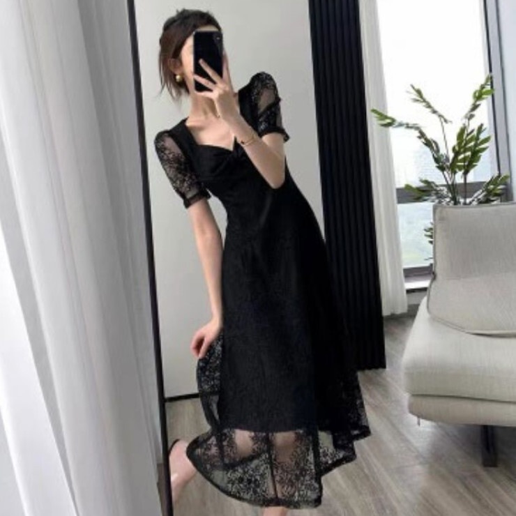 ワンピース レディース ドレス スカート プルオーバー フレアスカート フレアワンピース ワンピドレス 膝下 ミモレ丈 ミディアム丈 半袖 パフスリーブ 襟なし Vネック Aライン スリム 細身