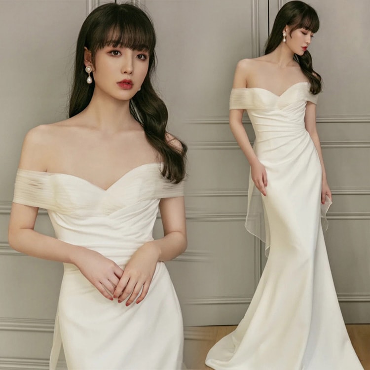 送料無料 二次会ドレス ウェディングドレス 白 サテンドレス オフショルダー Vネック セクシー 結婚式ドレス 二次会 マーメイドドレス ホワイト ロングドレス バックリボン オシャレ海外挙式 撮影