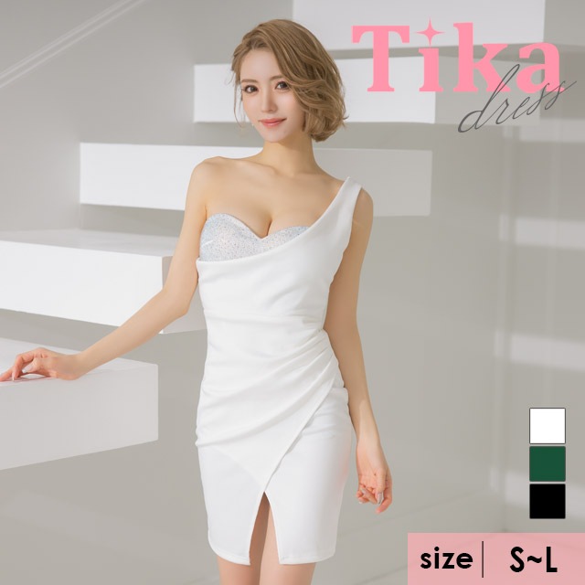 キャバ ドレス ワンショルダー 膝丈 ハートカット キャバドレス 大きいサイズ タイト グリーン ホワイト ブラック キャバクラ ラップ ノースリーブ 激安 キャバワンピ ミニ 7,473円