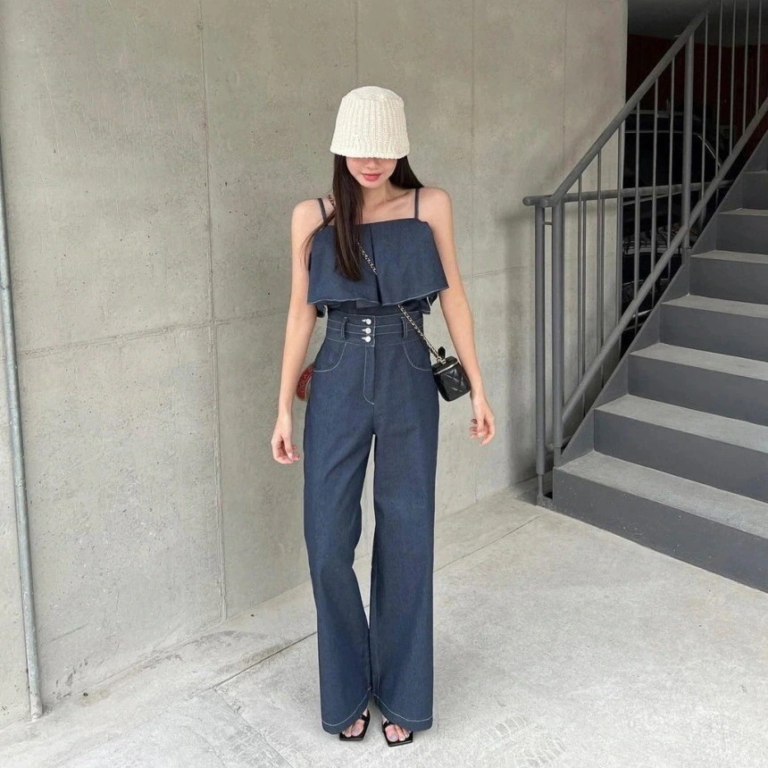 セットアップ上下セット韓国ファッションラッフルキャミソールデニムワイドパンツストレートハイウエスト着やせゆったり