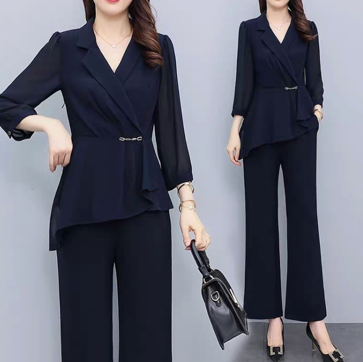 レディース トップス ジャケット パンツ ボトムス スーツ セットアップ ロングパンツ 丈長 フルレングス 7分袖 セミフレア フェミニン ウエストマーク ハイウエスト 透け感 シースルー きれいめ