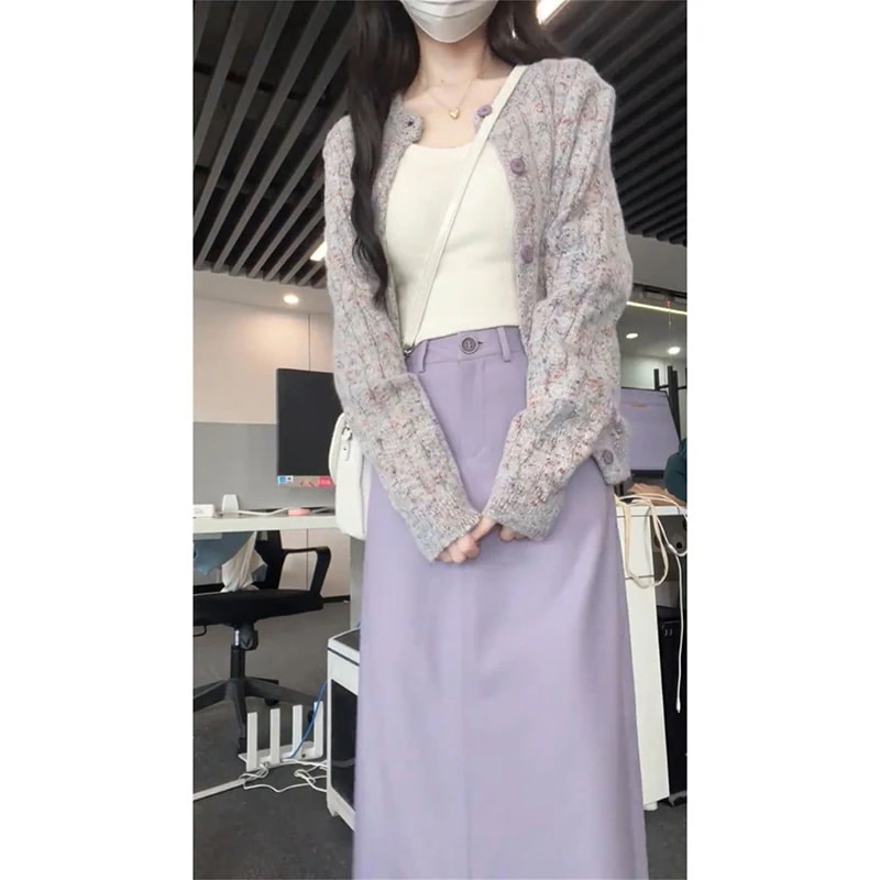 甘くて優しいスタイルのレディース秋冬ケーブルニットカーディガンキャミソールハイウエストスカート3点セット