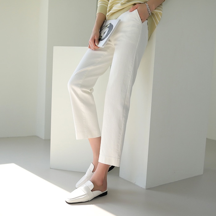 [韓国ファッション] バックゴムウエスト ストレートストレッチパンツ きれいめコットンパンツ