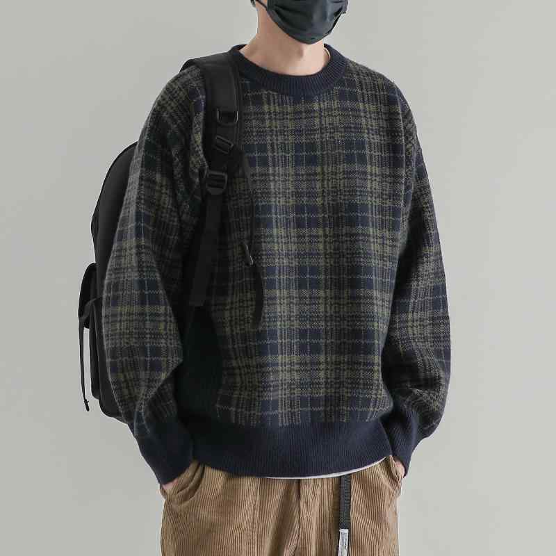 メンズ ファッション 服 男性用 オシャレ シンプル 大人 かっこいい 大きいサイズ ストリート 紳士服 チェック柄 ラウンドネック セーター カジュアル プルオーバー セーター