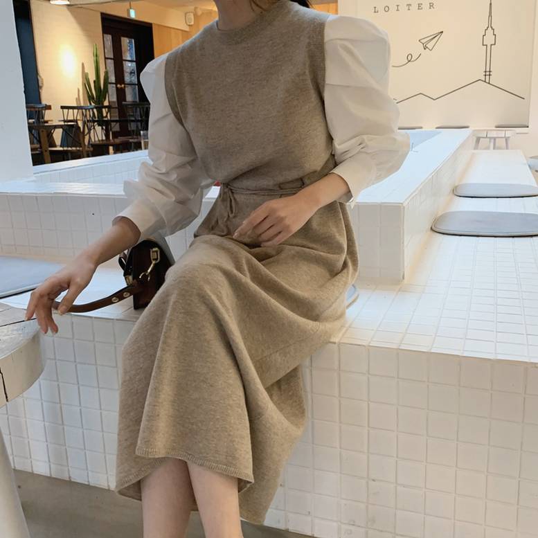 2color レディース シャツロングニットベストドッキングワンピース ドッキングシャツワンピース