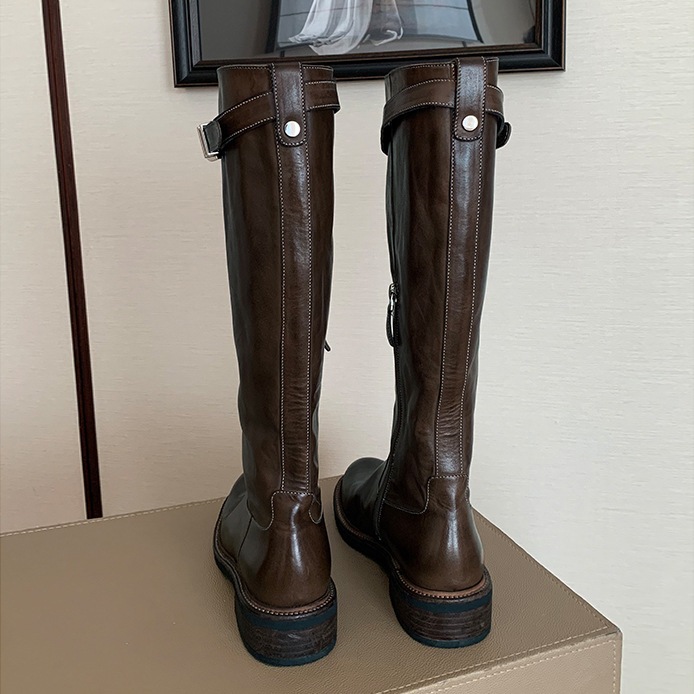 小ゴールドバックルのシープスキンバージョン本革厚底ナイトブーツ女性用太ヒール・細めブーツ英国風ハイブーツ・ロングブーツ