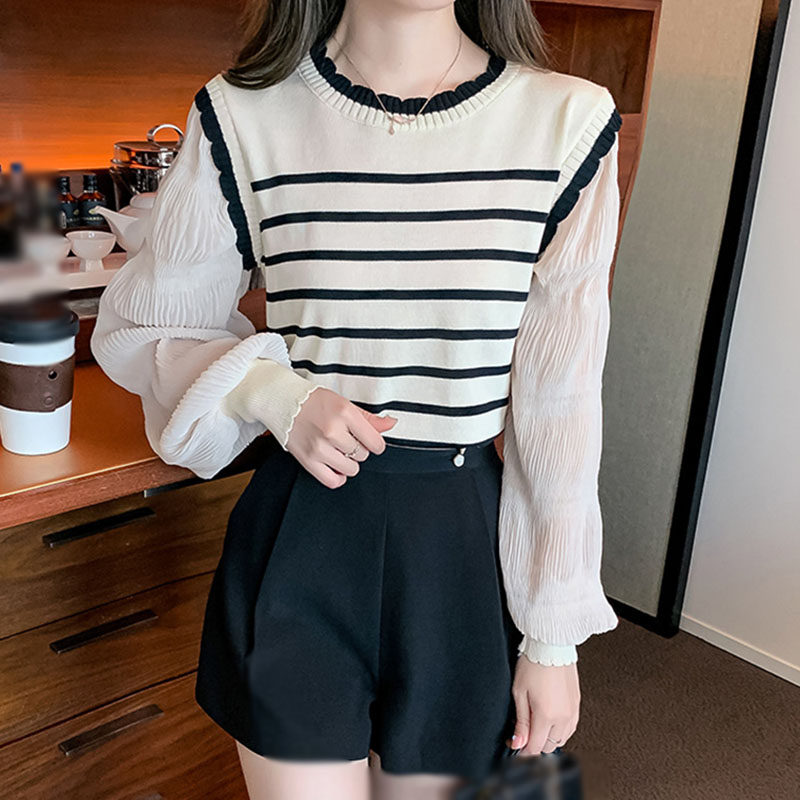 ニット レディース セーター トップス カットソー 長袖 tシャツ クルーネック 切り替え バルーン袖 きれい 薄手 着せ オシャレ カジュアル 可愛い オフィス 通勤 家着 チュール切り替え ファッ
