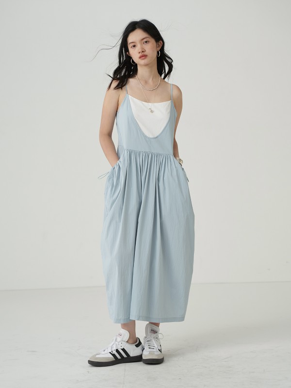 オモント エッグタルト ホーム 機能的 ドローストリング サスペンダー ドレス レディース 夏 新作 レトロ ミディアム丈 スカート