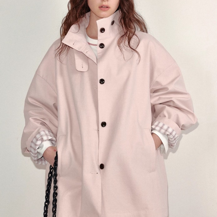 2025クリームピーチピンクチェック柄スリーブショート丈トレンチコート女性用デザイン性小柄秋新作