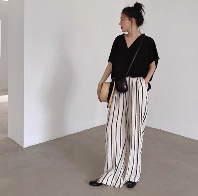 レディース パンツ ボトムス ワイドパンツ ロング ポケット ハイウエスト ウエストゴム リネン 綿 コットン 麻 大人可愛い カジュアル おしゃれ こなれ感 ストライプ 春 夏 お出かけ リゾート