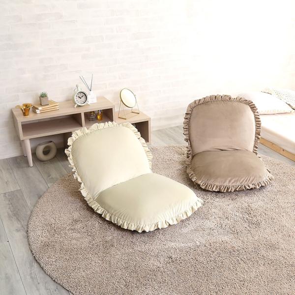座椅子 おしゃれ コンパクト 北欧 かわいい ガーリー ロマンチック ベロア フリル くすみカラー リクライニング フラット クッション性 厚み ふっくら 日本製