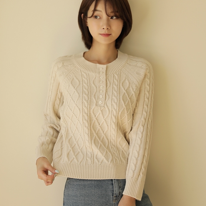 [韓国ファッション] ラウンドネック ハーフボタンアランニットカットソー