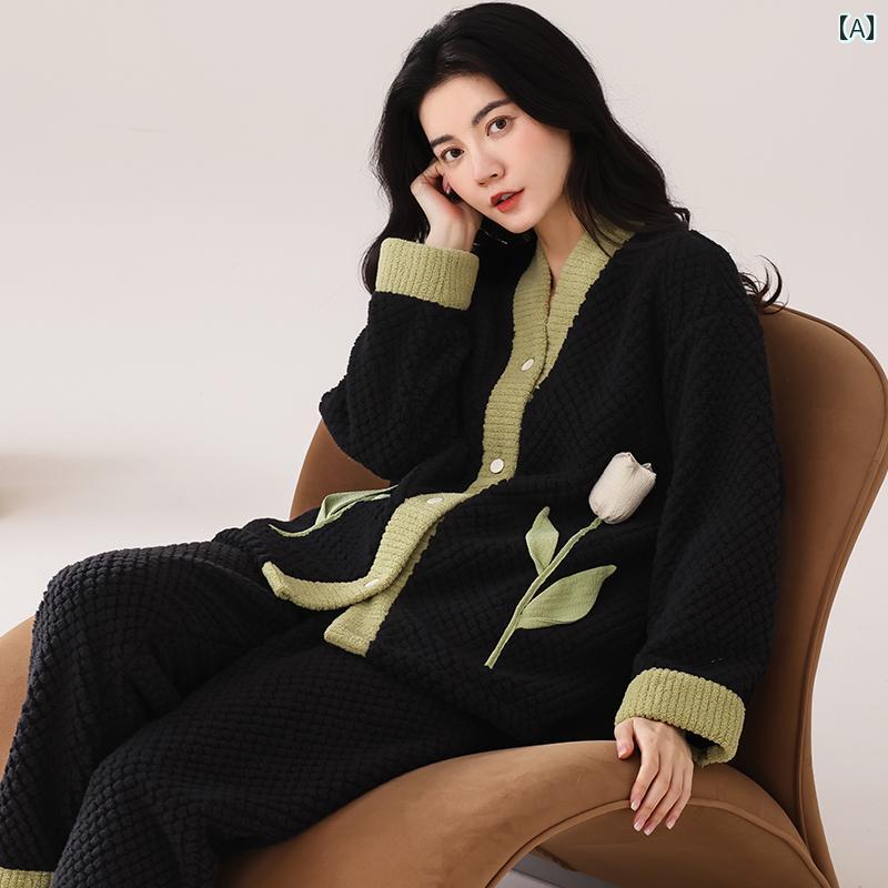 ルームウェア レディース パジャマ 部屋着 ガーリー コーラルベルベット フランネル 秋冬 長袖 プルオーバー カーディガン Vネック ホームウェア セット ヘリンボーン チェック柄 ブラック ピンク