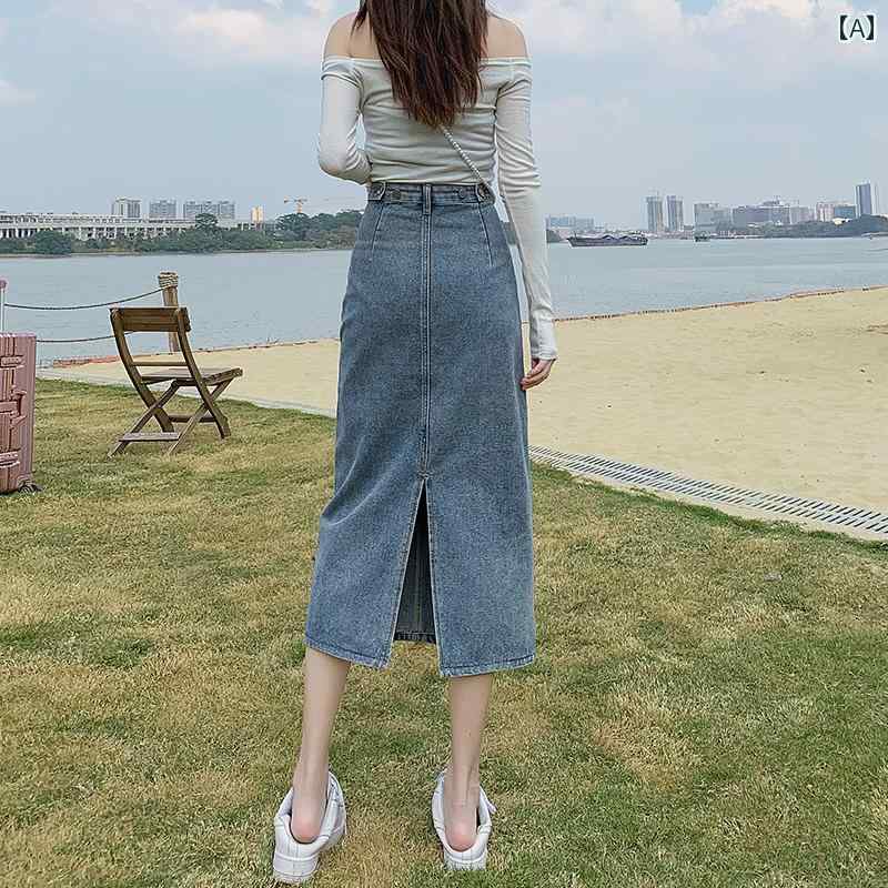 デニムスカート ロング aライン レディース かわいい おしゃれ カジュアル レジャー ハイウエスト スリット 春秋 ストレート 青 グレー 黒