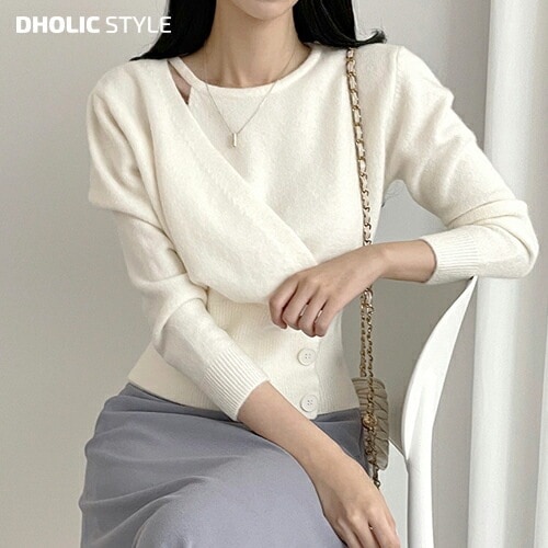 ラップボタン長袖ニット・p591538