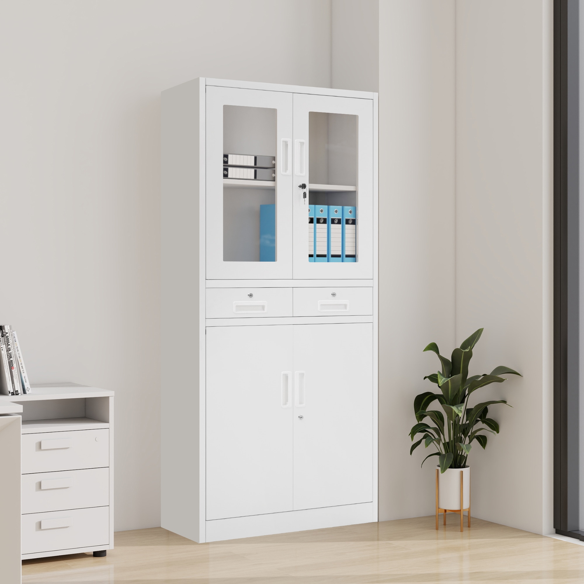 215スチール書庫 両開き書庫 書類保管庫 鍵付きキャビネット 高さ180cm 保管庫 収納 オフィス 書庫 おしゃれ キャビネット スチールキャビネット ベース付き 貴重品 可動棚 A4対応 会社