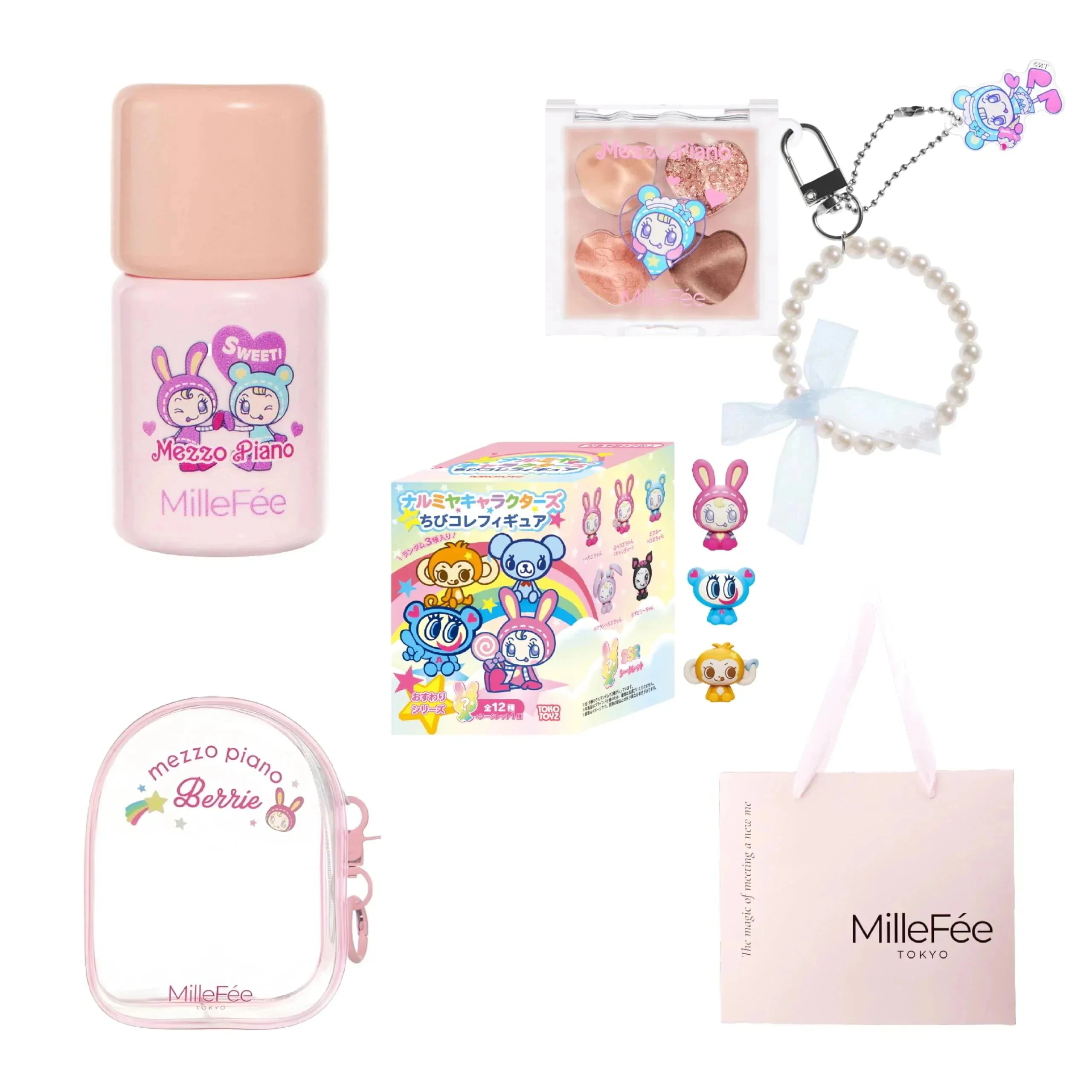 MilleFée ナルミヤホリデー (ベージュセット) ぷくぷく涙袋パレットN01/シェイクドロップチークN02/ちびコレフィギュア/クリアポーチ/ギフトバッグ メゾピアノ ナルミヤキャラクターズ コ