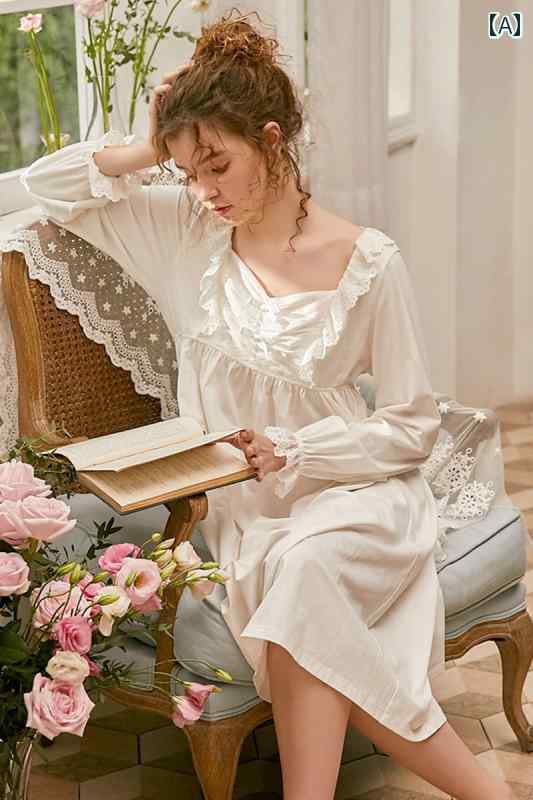 ネグリジェ パジャマ レディース 宮廷風 長袖 レース ワンピース ドレス 上品 フレンチ ルーム ナイト ホームウェア