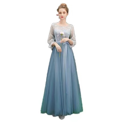 ブライズメイド ミモレ丈 ブルー ピアノ発表会 ドレス 大人 袖付き カラードレス 結婚式 パーティードレス 20代 30代 40代 謝恩会 披露宴 同窓会 女子会