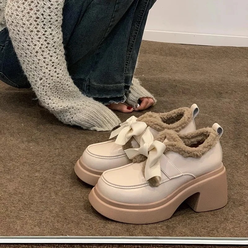 メリージェーンシューズ 秋冬 レディース 韓国ファッション 蝶結び ラムズウール 裏起毛 コットンシューズ モカシン