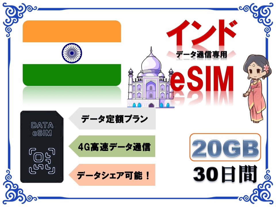 インドeSIM 海外eSIM SIMカード データ容量20GB 4G/LTE データ通信のみ可能 プリペイドeSIM インド旅行　インド出張