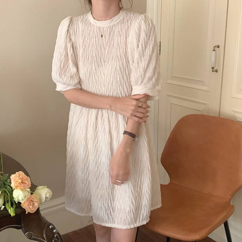 3color レディース ワッシャー シワ加工 パフ袖 ミディアムワンピース ワンピース dress