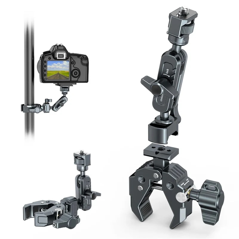 多機能スーパークランプマウント,360ボールヘッド,カメラ,モニター,電話,LEDライト,マイク用のマジックアームクランプ