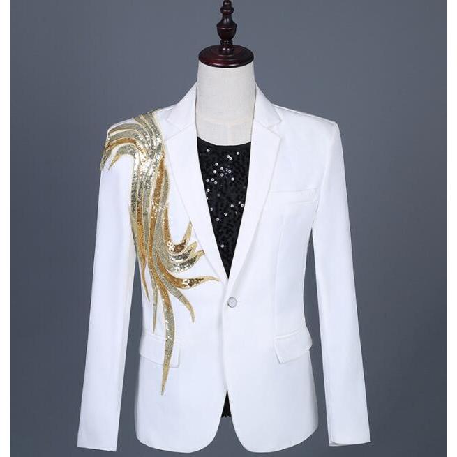 ステージ衣装メンズ スーツ ジャケット 長袖 一つ釦 金銀スパンコール おしゃれ 礼服 紳士服 男性 派手 舞台衣装 カラオケ衣装 パーティー イベント 年会 ダンス