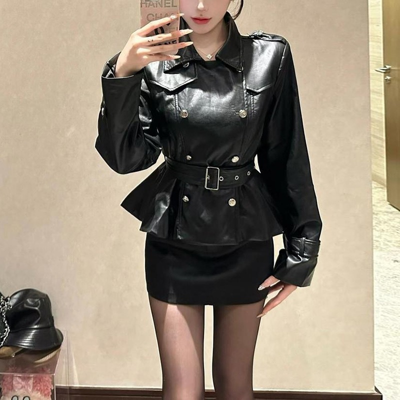 モーターサイクルスタイルのセクシーなレトロなレディースツーピースセット春と秋ダブルブレストウエストを絞ったレザージャケットハイウエストのボディコンスカート